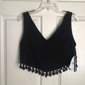 Black faux suede tassel crop top